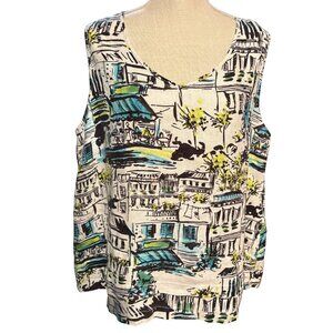 100% Linen Paris Street Scene Top Sleeveless Blouse Artistic Print Relaxed Fit